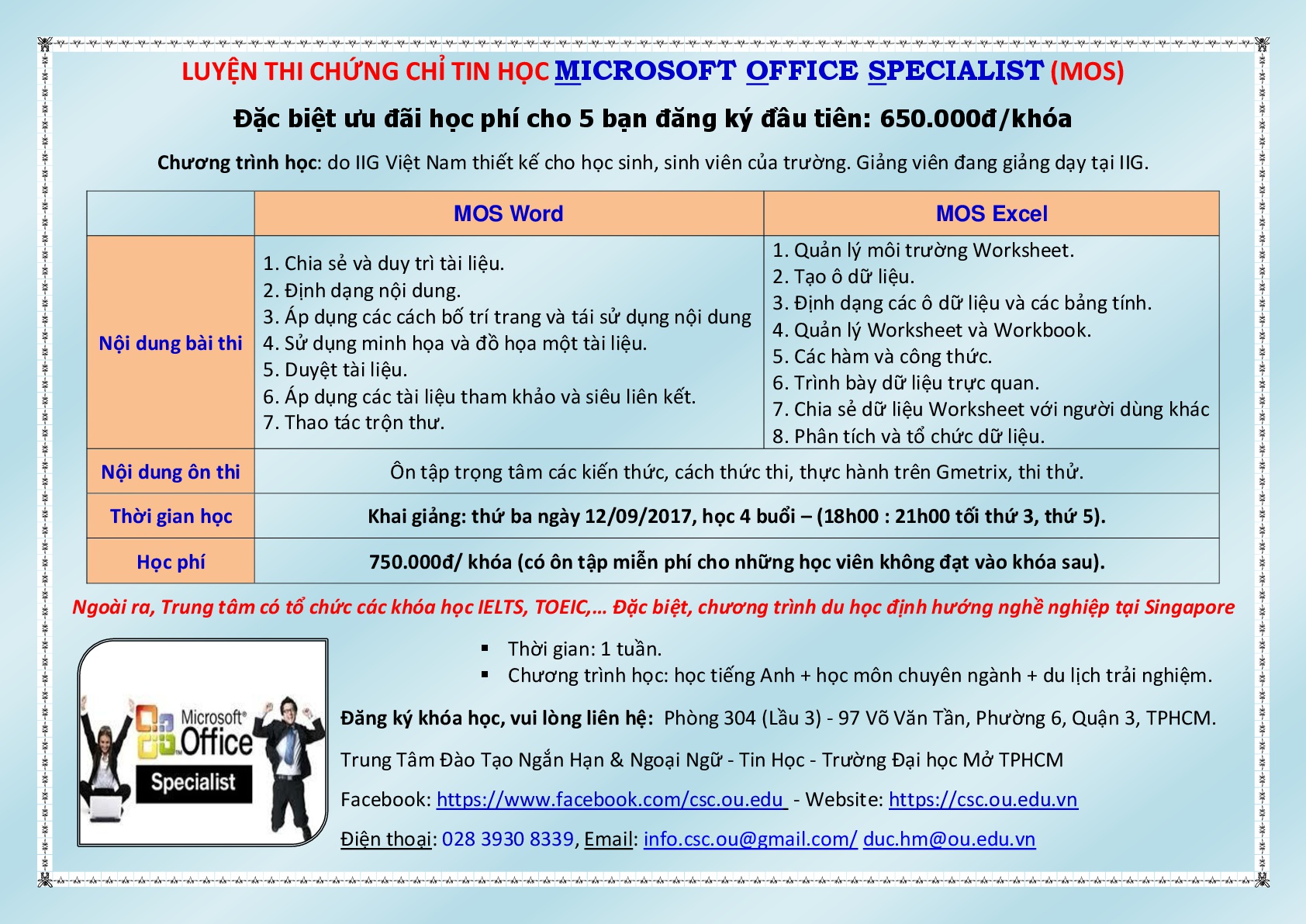 Khóa luyện thi chứng chỉ Tin học Microsoft office specialist (MOS) đợt 2 khai giảng ngày 12/09/2017